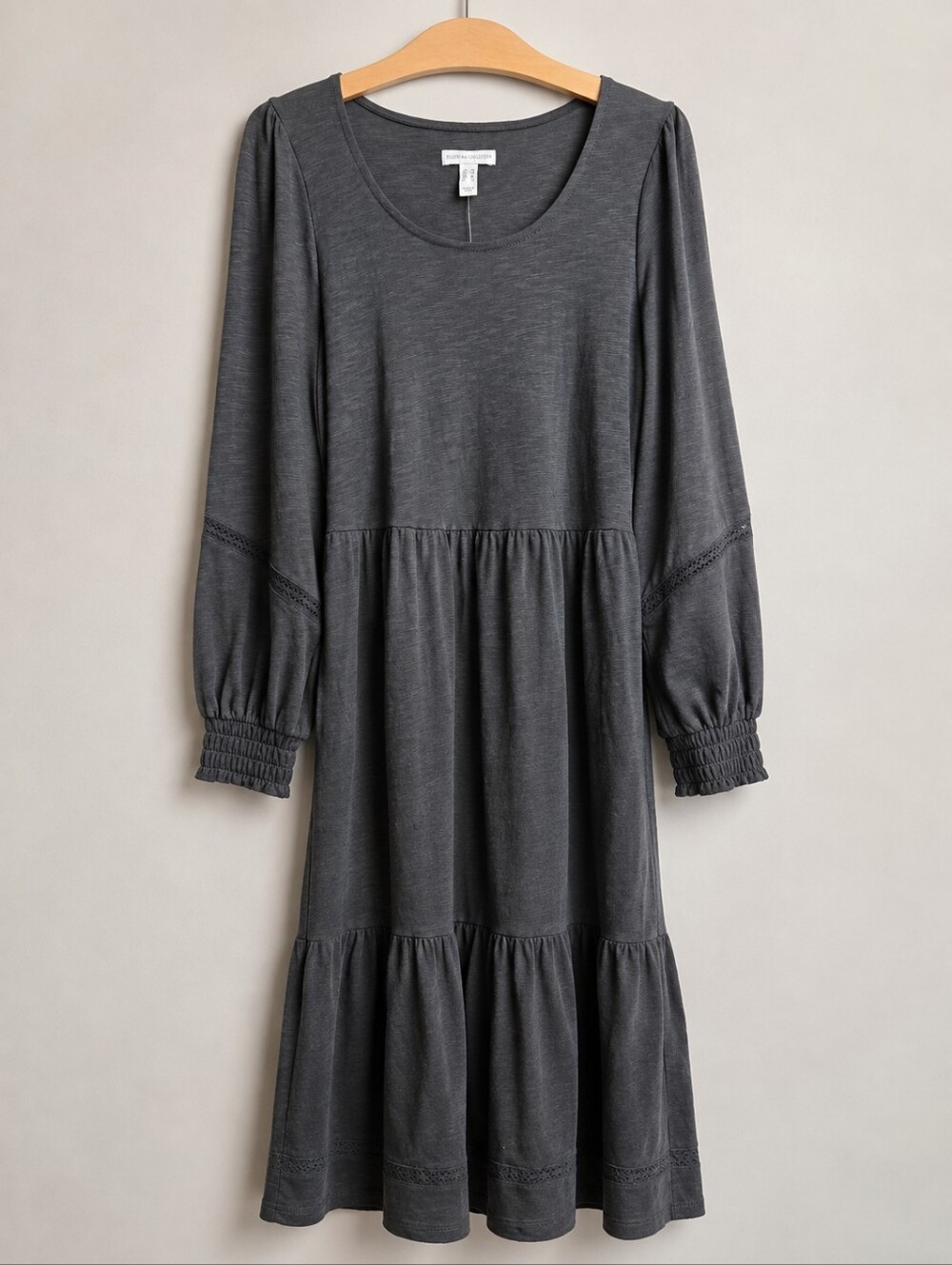 NWT Canyon Retreat Charcoal Gray Tiered Midi Dress XS Lace Trim Boho Cottagecore